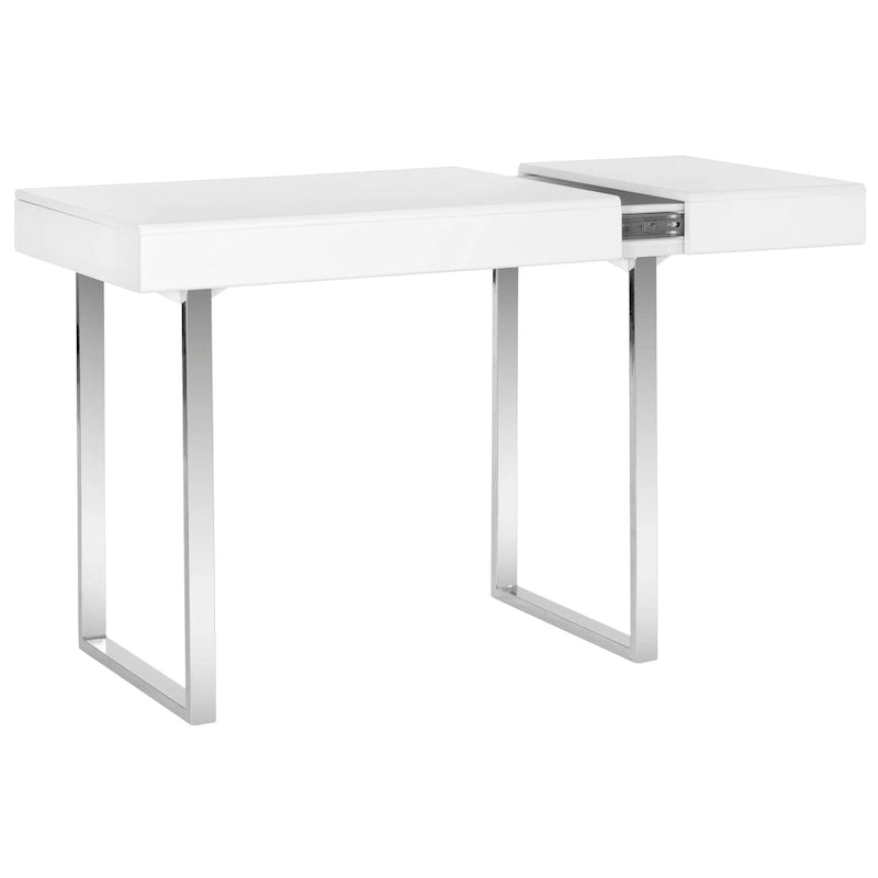 Glam Home Office Desk Flip-Top Storage Compartment Chrome Legs White