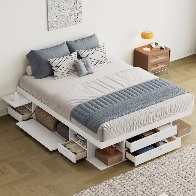 Queen Platform Bed Frame 6 Drawers Open Shelves Pull-Out Trays 600 lb No Box Spring White