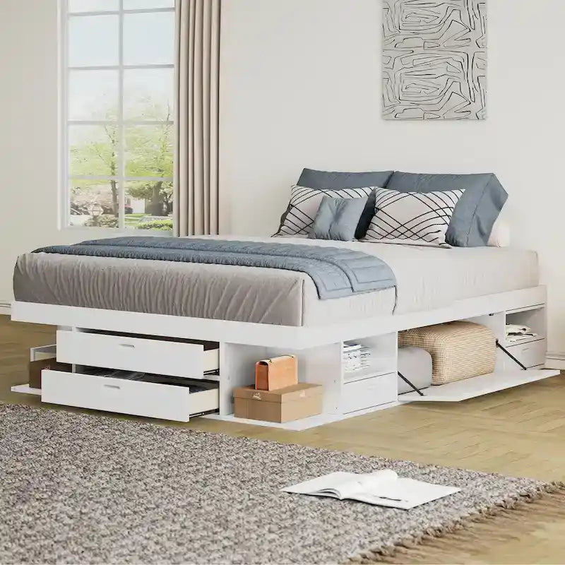Queen Platform Bed Frame 6 Drawers Open Shelves Pull-Out Trays 600 lb No Box Spring White