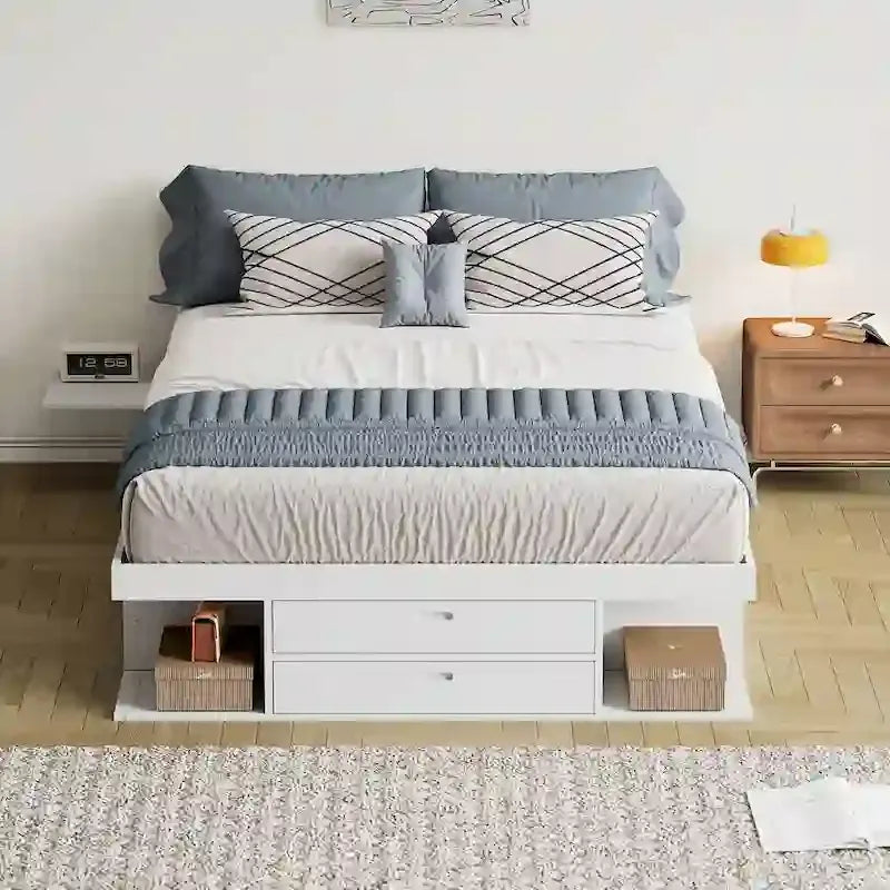 Queen Platform Bed Frame 6 Drawers Open Shelves Pull-Out Trays 600 lb No Box Spring White