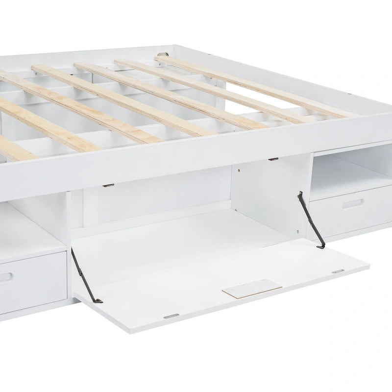 Queen Platform Bed Frame 6 Drawers Open Shelves Pull-Out Trays 600 lb No Box Spring White