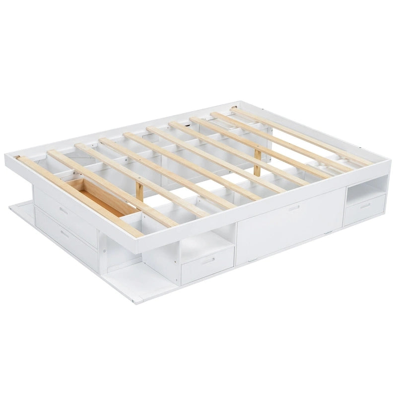 Queen Platform Bed Frame 6 Drawers Open Shelves Pull-Out Trays 600 lb No Box Spring White