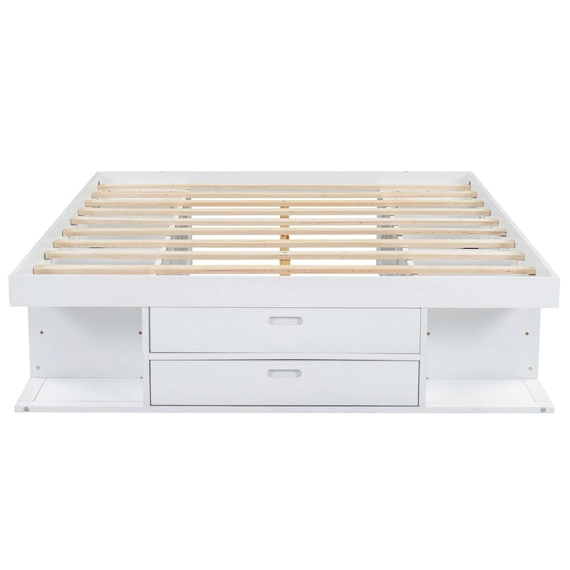 Queen Platform Bed Frame 6 Drawers Open Shelves Pull-Out Trays 600 lb No Box Spring White