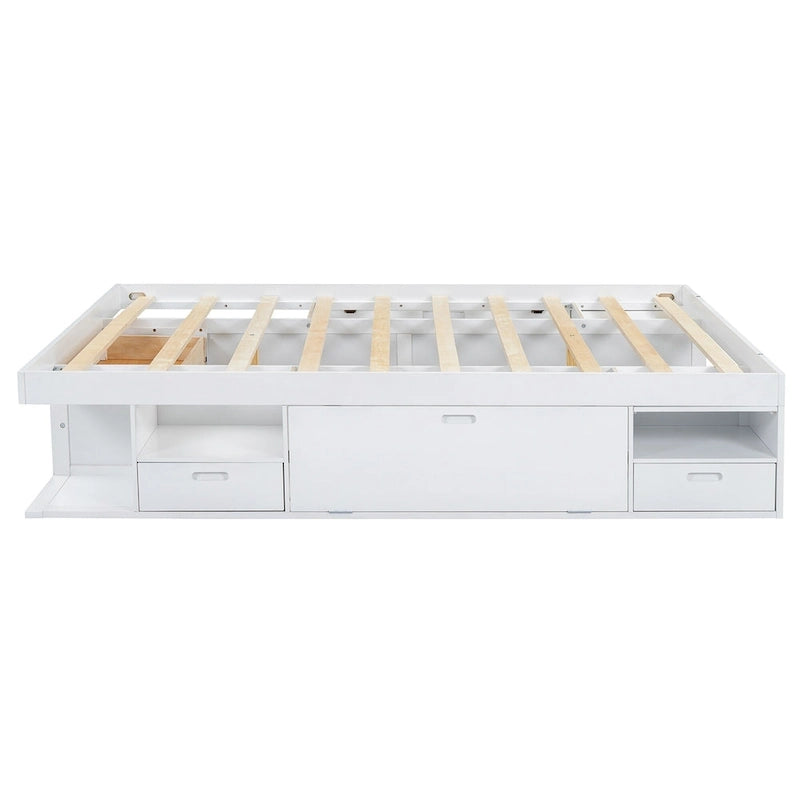 Queen Platform Bed Frame 6 Drawers Open Shelves Pull-Out Trays 600 lb No Box Spring White