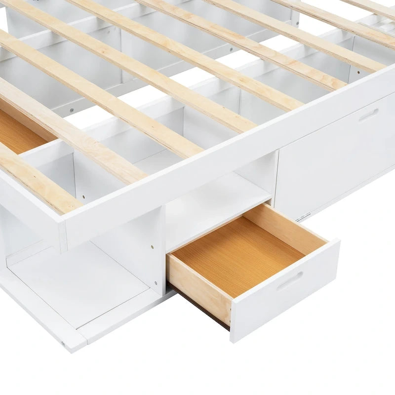 Queen Platform Bed Frame 6 Drawers Open Shelves Pull-Out Trays 600 lb No Box Spring White