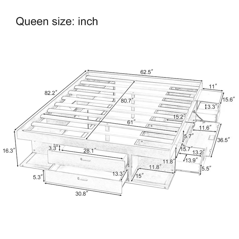 Queen Platform Bed Frame 6 Drawers Open Shelves Pull-Out Trays 600 lb No Box Spring White
