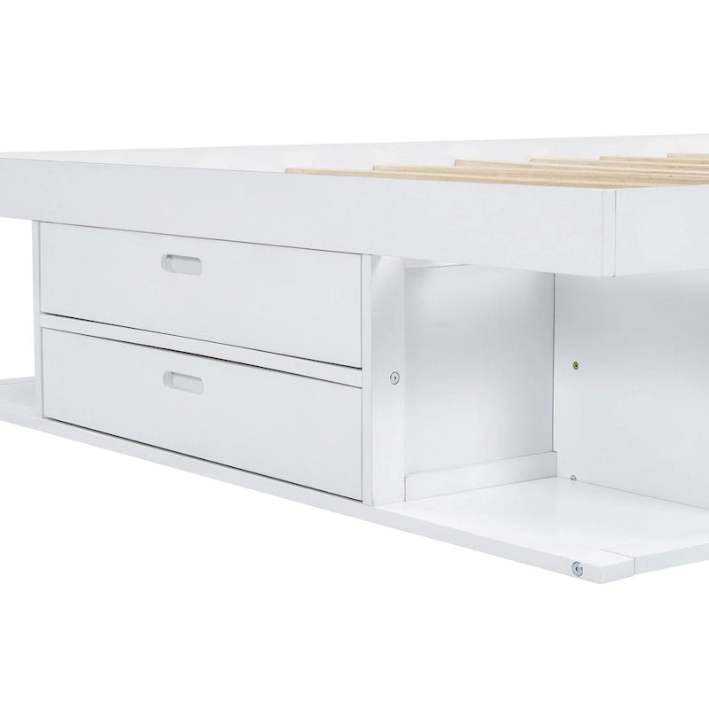 Queen Platform Bed Frame 6 Drawers Open Shelves Pull-Out Trays 600 lb No Box Spring White