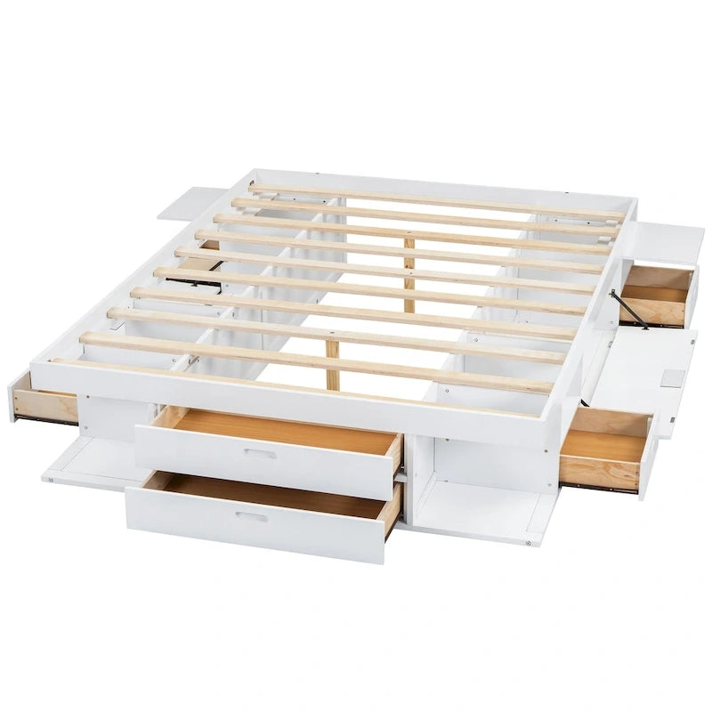 Queen Platform Bed Frame 6 Drawers Open Shelves Pull-Out Trays 600 lb No Box Spring White
