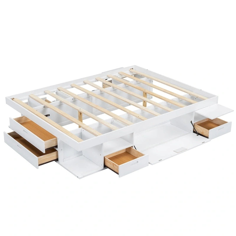 Queen Platform Bed Frame 6 Drawers Open Shelves Pull-Out Trays 600 lb No Box Spring White