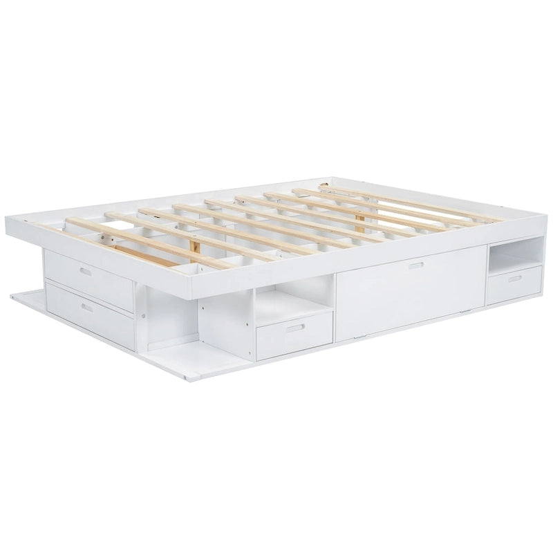 Queen Platform Bed Frame 6 Drawers Open Shelves Pull-Out Trays 600 lb No Box Spring White