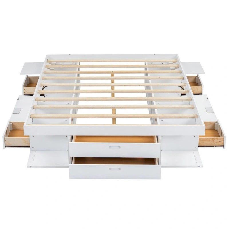Queen Platform Bed Frame 6 Drawers Open Shelves Pull-Out Trays 600 lb No Box Spring White