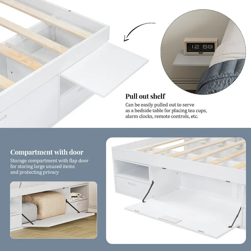 Queen Platform Bed Frame 6 Drawers Open Shelves Pull-Out Trays 600 lb No Box Spring White