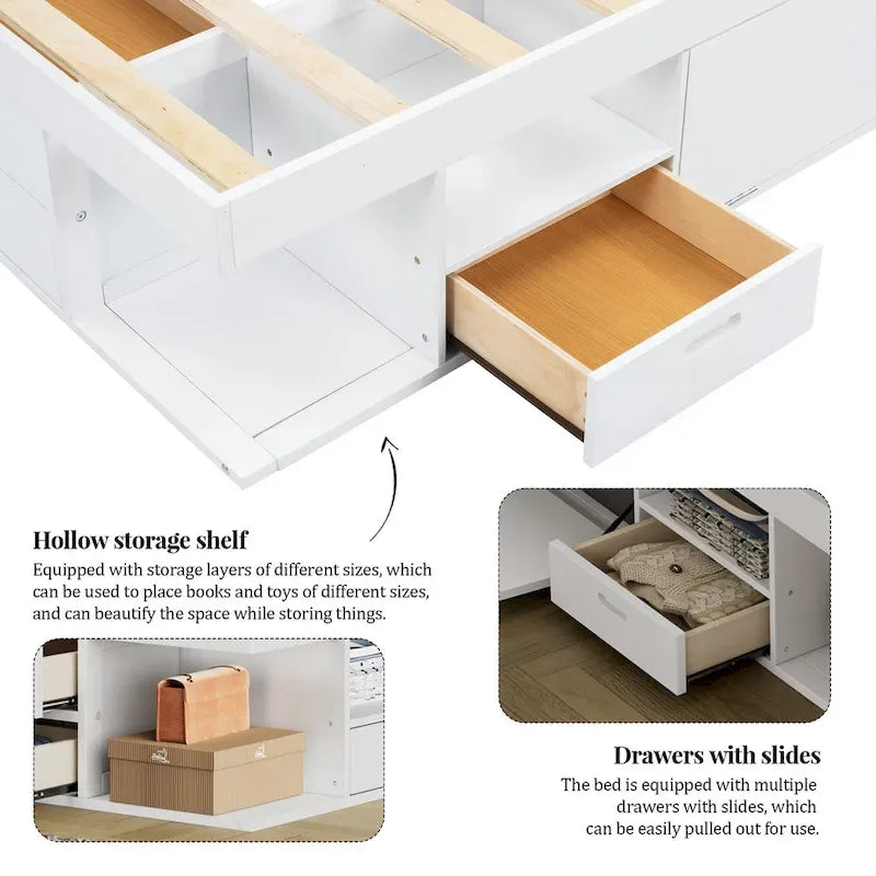 Queen Platform Bed Frame 6 Drawers Open Shelves Pull-Out Trays 600 lb No Box Spring White