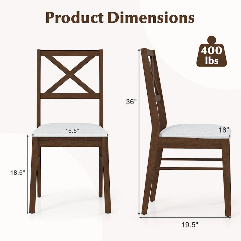 Set aus 4 Esszimmerstühlen im Landhausstil mit X-Rückenlehne, Gestell aus Gummibaumholz, gepolsterter Sitzfläche, 400 lb, Weiß, Braun