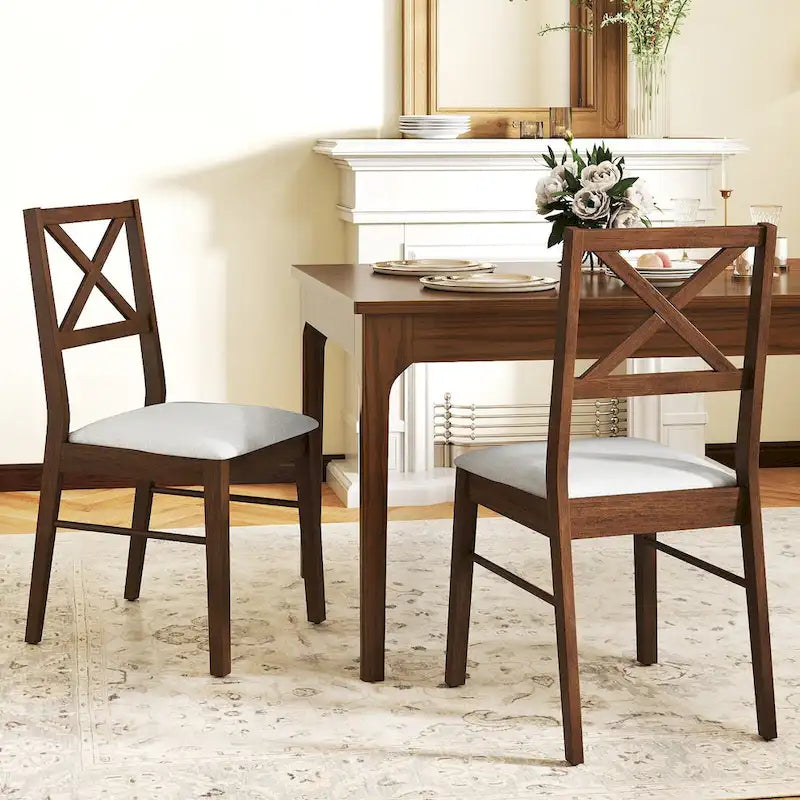 Set aus 4 Esszimmerstühlen im Landhausstil mit X-Rückenlehne, Gestell aus Gummibaumholz, gepolsterter Sitzfläche, 400 lb, Weiß, Braun
