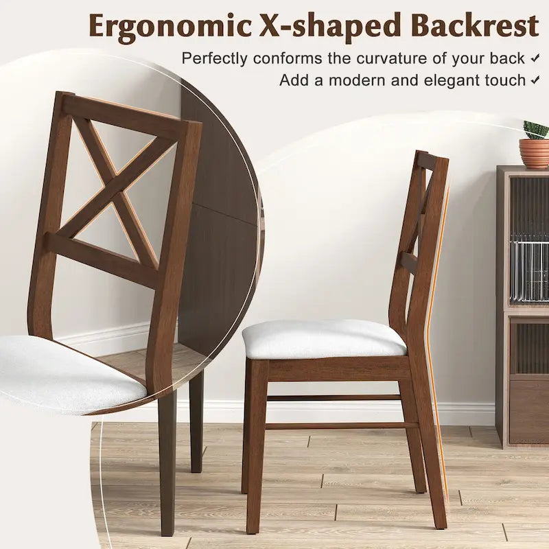 Set aus 4 Esszimmerstühlen im Landhausstil mit X-Rückenlehne, Gestell aus Gummibaumholz, gepolsterter Sitzfläche, 400 lb, Weiß, Braun