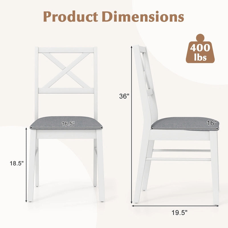 Set aus 4 Esszimmerstühlen im Landhausstil mit X-Rückenlehne, Gestell aus Gummibaumholz, gepolsterter Sitzfläche, 400 lb, Weiß, Braun