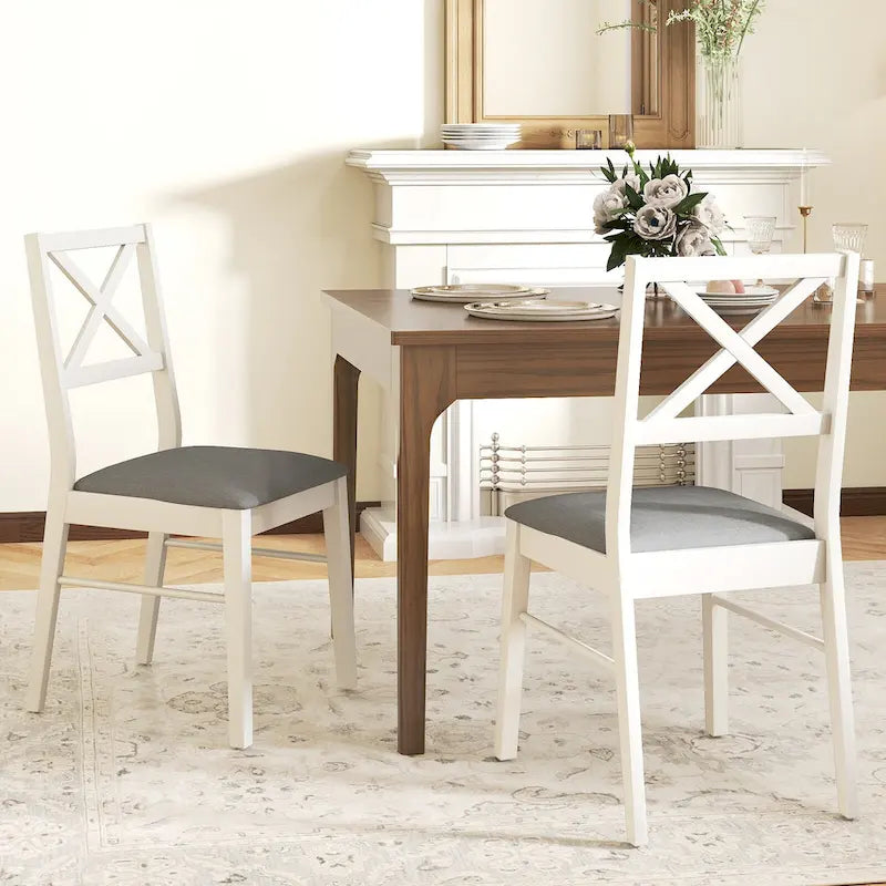Set aus 4 Esszimmerstühlen im Landhausstil mit X-Rückenlehne, Gestell aus Gummibaumholz, gepolsterter Sitzfläche, 400 lb, Weiß, Braun