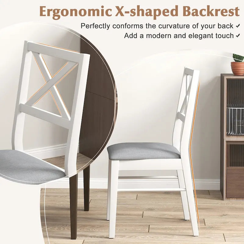 Set aus 4 Esszimmerstühlen im Landhausstil mit X-Rückenlehne, Gestell aus Gummibaumholz, gepolsterter Sitzfläche, 400 lb, Weiß, Braun