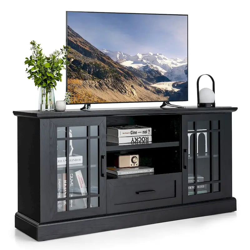 TV-Schrank im Landhausstil für 70-in-Fernseher, Glastüren, Schublade, verstellbare Einlegeböden, Schwarz, 63W