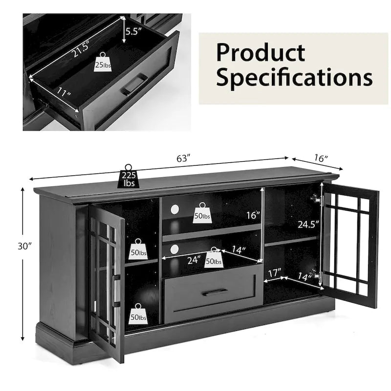 Farmhouse TV Stand for 70 in. TVs Glass Panel Doors Drawer Adjustable Shelves Black 63W