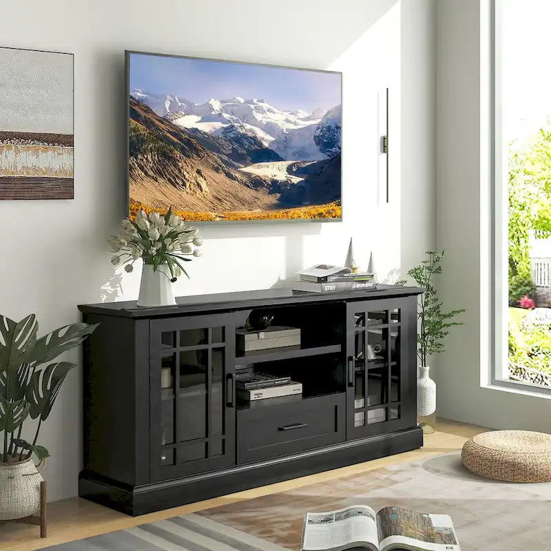Farmhouse TV Stand for 70 in. TVs Glass Panel Doors Drawer Adjustable Shelves Black 63W