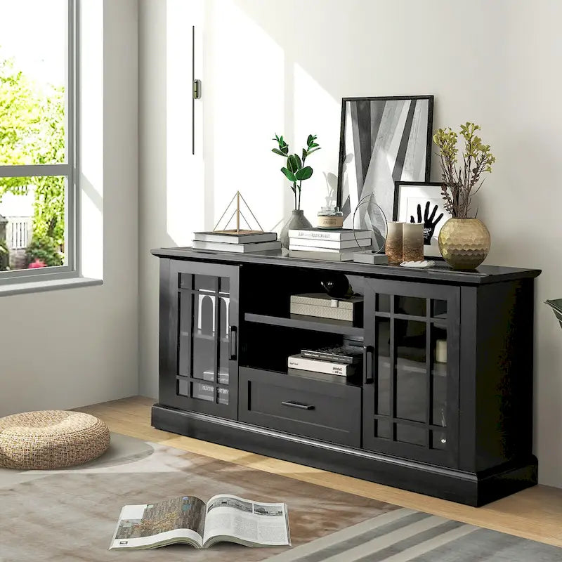 TV-Schrank im Landhausstil für 70-in-Fernseher, Glastüren, Schublade, verstellbare Einlegeböden, Schwarz, 63W