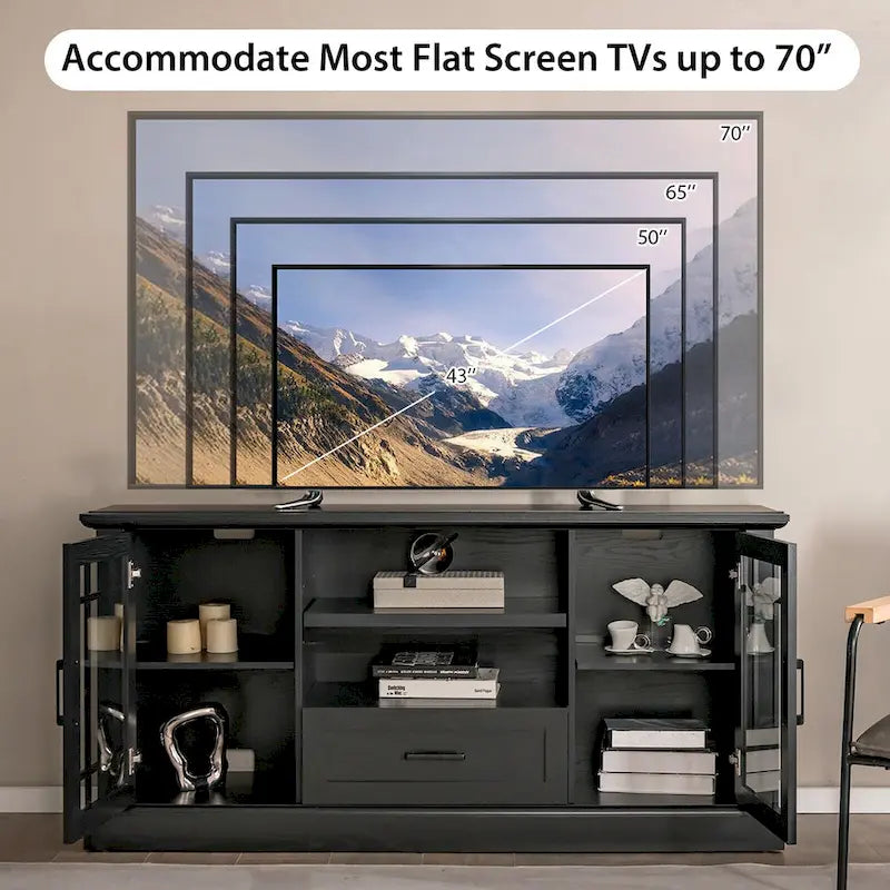 TV-Schrank im Landhausstil für 70-in-Fernseher, Glastüren, Schublade, verstellbare Einlegeböden, Schwarz, 63W