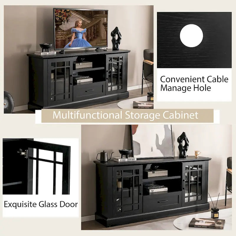 TV-Schrank im Landhausstil für 70-in-Fernseher, Glastüren, Schublade, verstellbare Einlegeböden, Schwarz, 63W