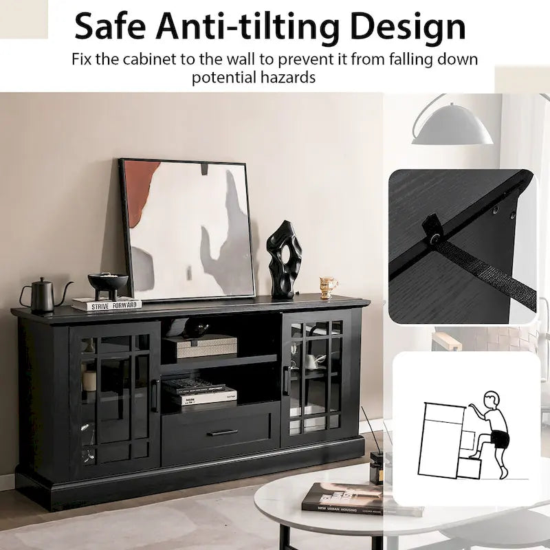TV-Schrank im Landhausstil für 70-in-Fernseher, Glastüren, Schublade, verstellbare Einlegeböden, Schwarz, 63W