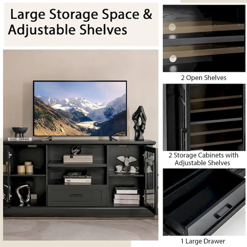 TV-Schrank im Landhausstil für 70-in-Fernseher, Glastüren, Schublade, verstellbare Einlegeböden, Schwarz, 63W