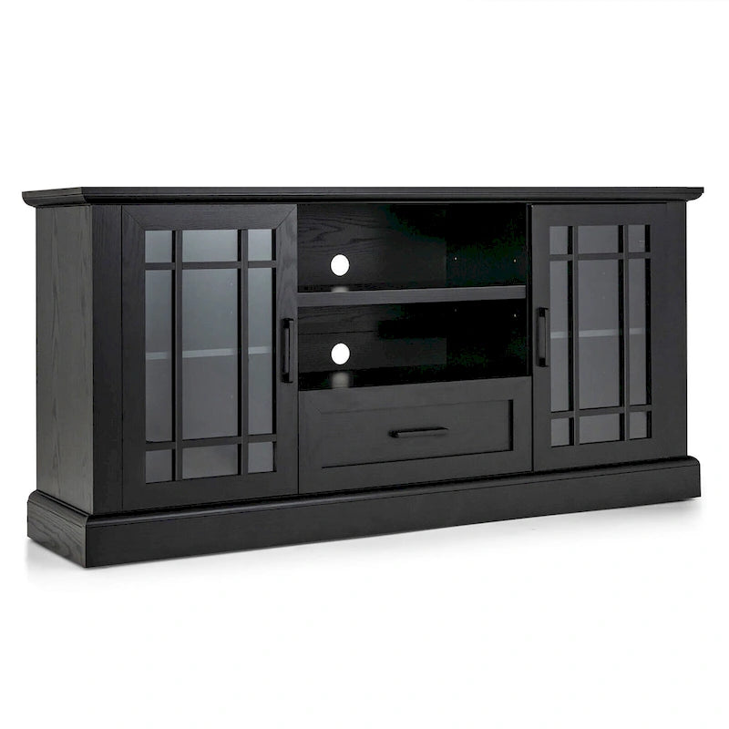 TV-Schrank im Landhausstil für 70-in-Fernseher, Glastüren, Schublade, verstellbare Einlegeböden, Schwarz, 63W