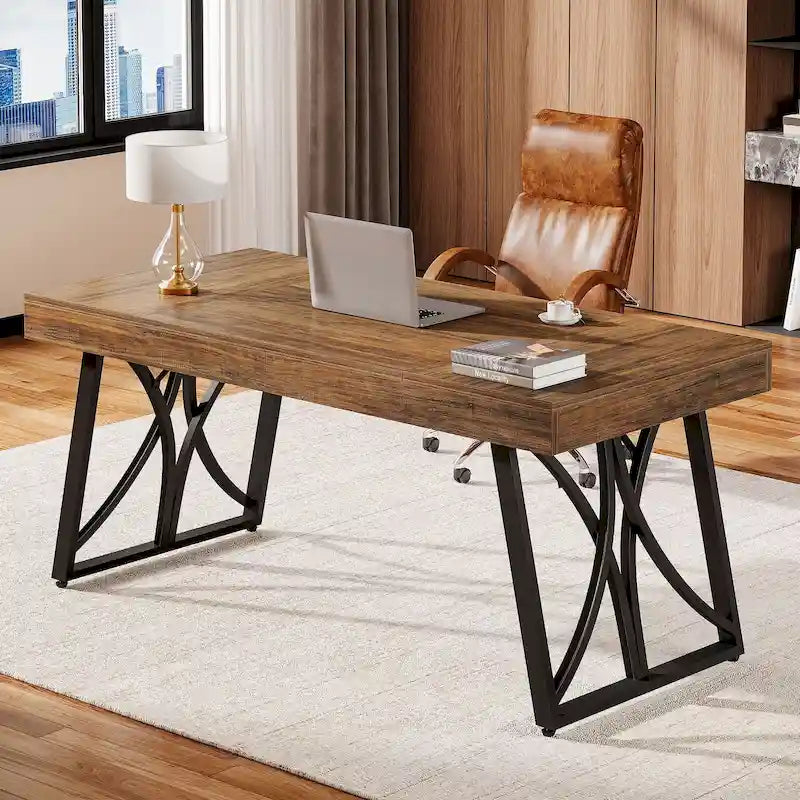 63-Inch Industrial Executive Computer Desk Engineered Wood Top Metal X-Frame Black Brown