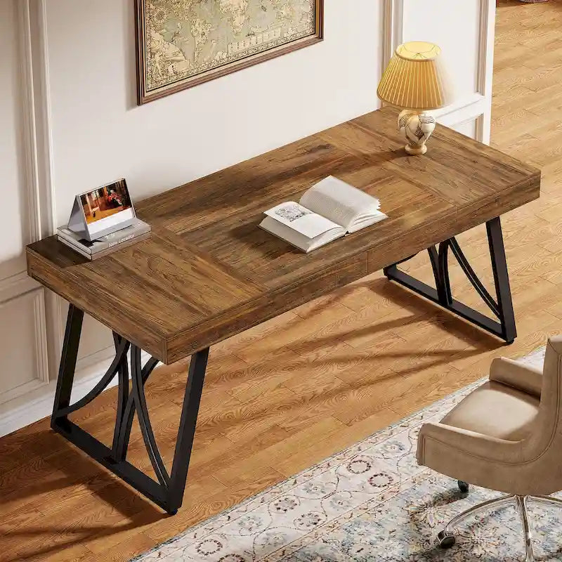 63-Inch Industrial Executive Computer Desk Engineered Wood Top Metal X-Frame Black Brown