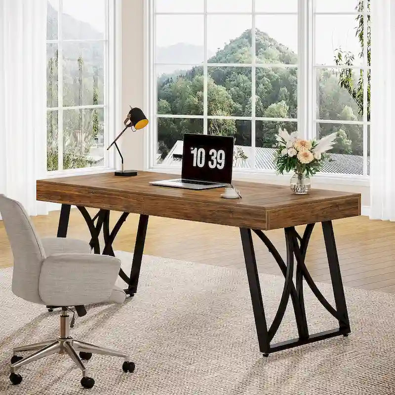 Scrivania da computer industriale executive da 63 pollici, piano in legno ingegnerizzato, struttura metallica a X, nera, marrone