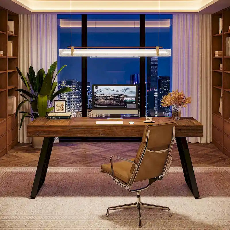 Scrivania da computer industriale executive da 63 pollici, piano in legno ingegnerizzato, struttura metallica a X, nera, marrone