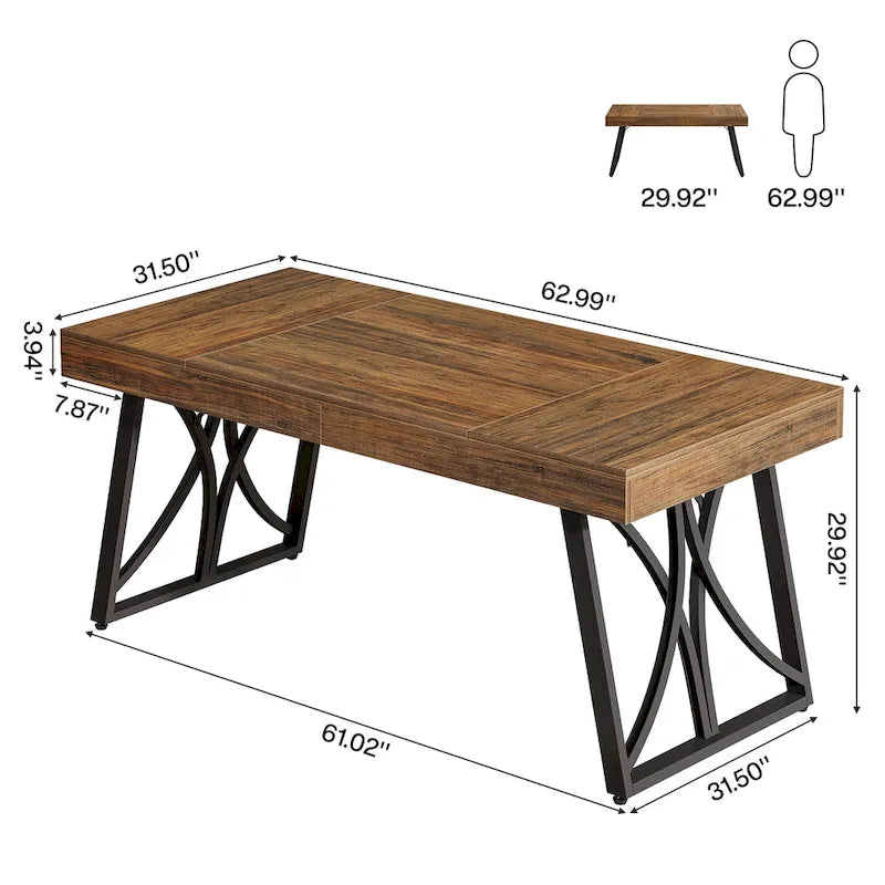 Scrivania da computer industriale executive da 63 pollici, piano in legno ingegnerizzato, struttura metallica a X, nera, marrone