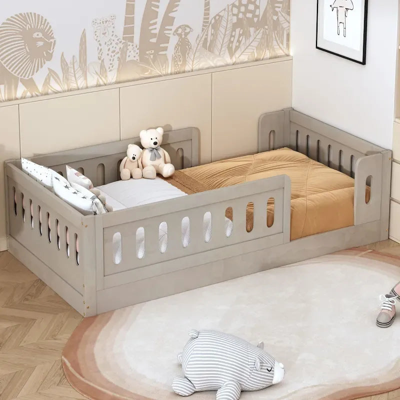 Twin Size Kids Floor Bed Semi-Enclosed Guard Rail Solid Pine Wood Montessori Natural White
