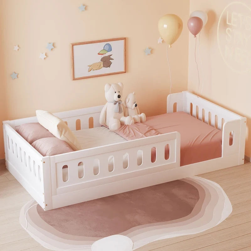 Twin Size Kids Floor Bed Semi-Enclosed Guard Rail Solid Pine Wood Montessori Natural White