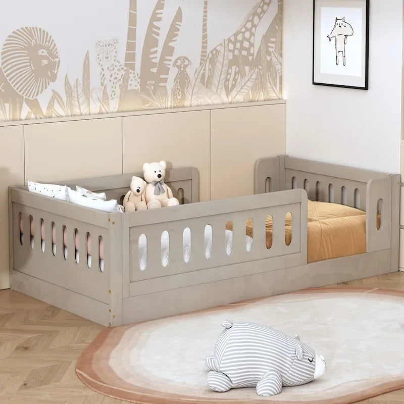 Twin Size Kids Floor Bed Semi-Enclosed Guard Rail Solid Pine Wood Montessori Natural White