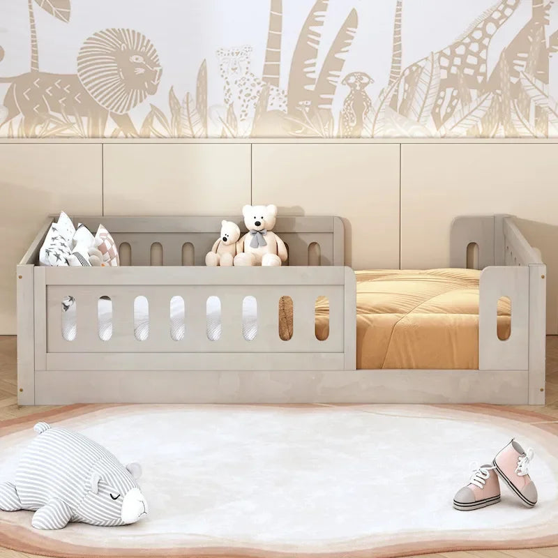 Twin Size Kids Floor Bed Semi-Enclosed Guard Rail Solid Pine Wood Montessori Natural White