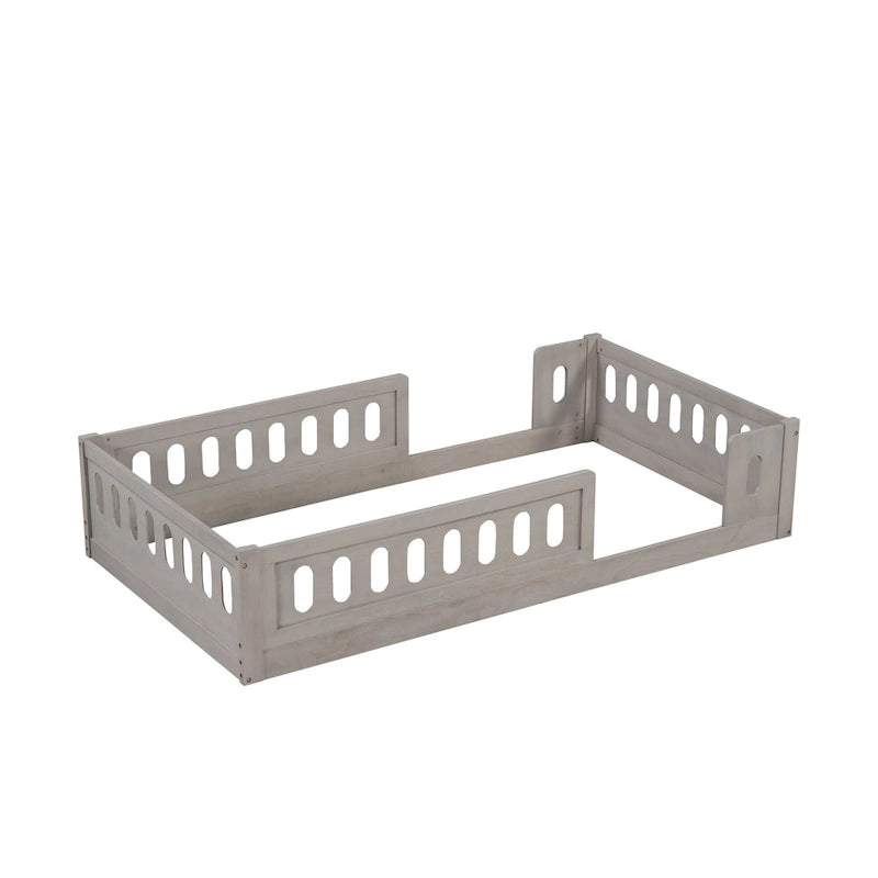 Twin Size Kids Floor Bed Semi-Enclosed Guard Rail Solid Pine Wood Montessori Natural White
