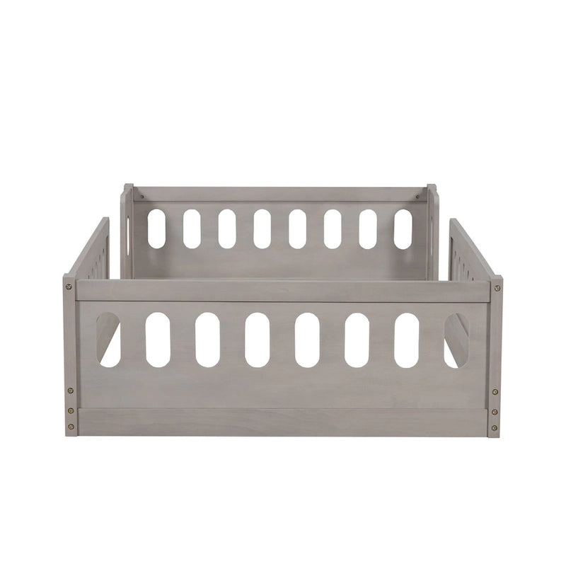 Twin Size Kids Floor Bed Semi-Enclosed Guard Rail Solid Pine Wood Montessori Natural White