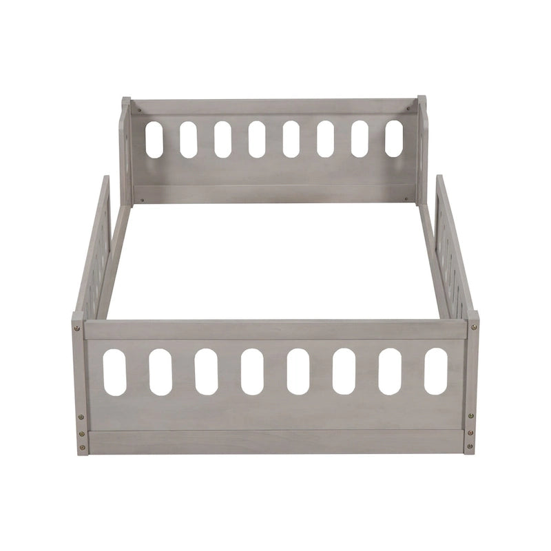 Twin Size Kids Floor Bed Semi-Enclosed Guard Rail Solid Pine Wood Montessori Natural White