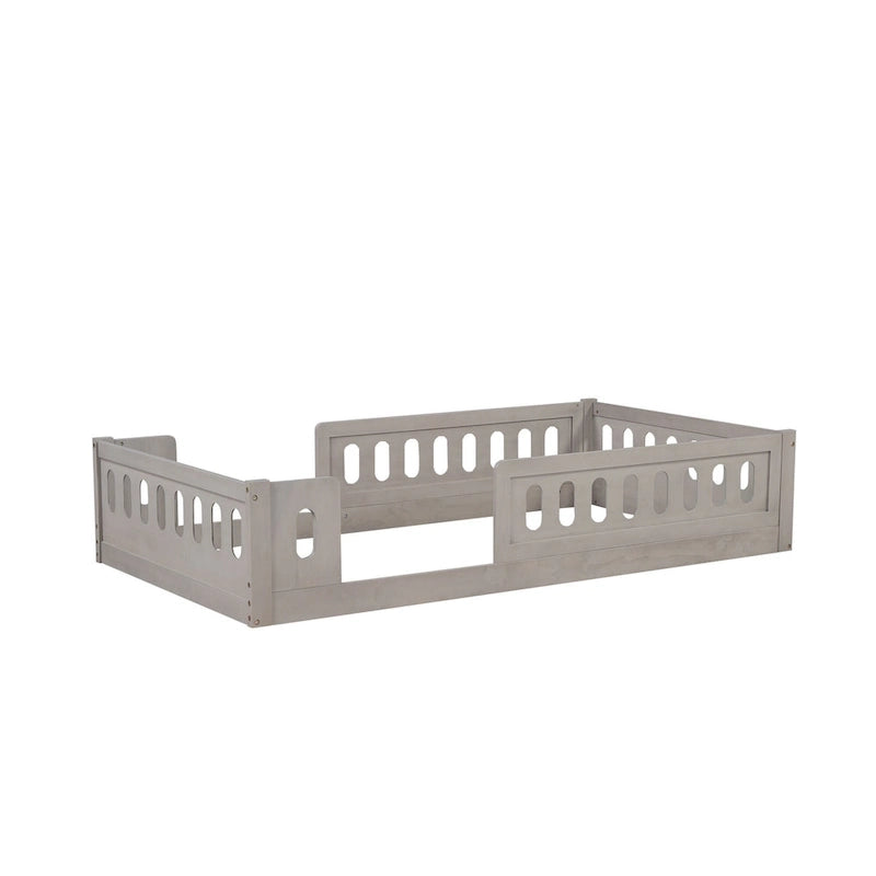 Twin Size Kids Floor Bed Semi-Enclosed Guard Rail Solid Pine Wood Montessori Natural White