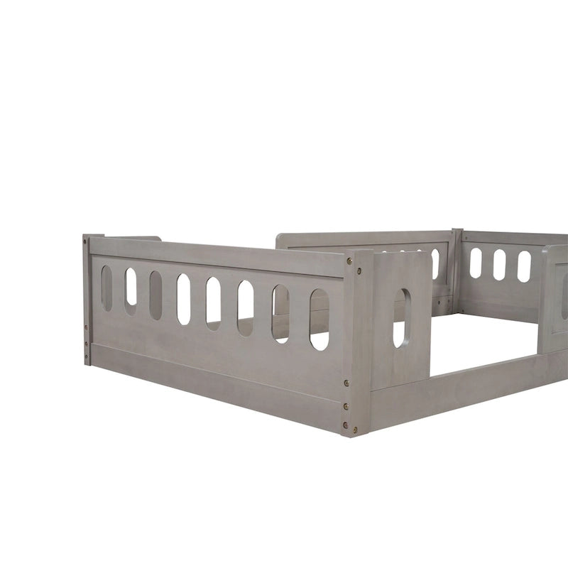 Twin Size Kids Floor Bed Semi-Enclosed Guard Rail Solid Pine Wood Montessori Natural White