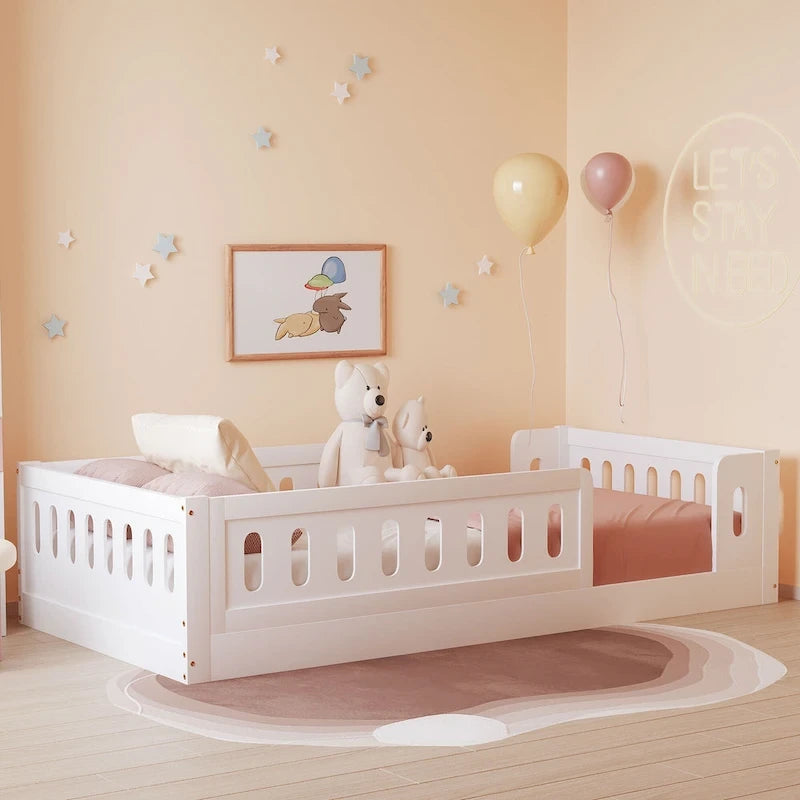 Twin Size Kids Floor Bed Semi-Enclosed Guard Rail Solid Pine Wood Montessori Natural White