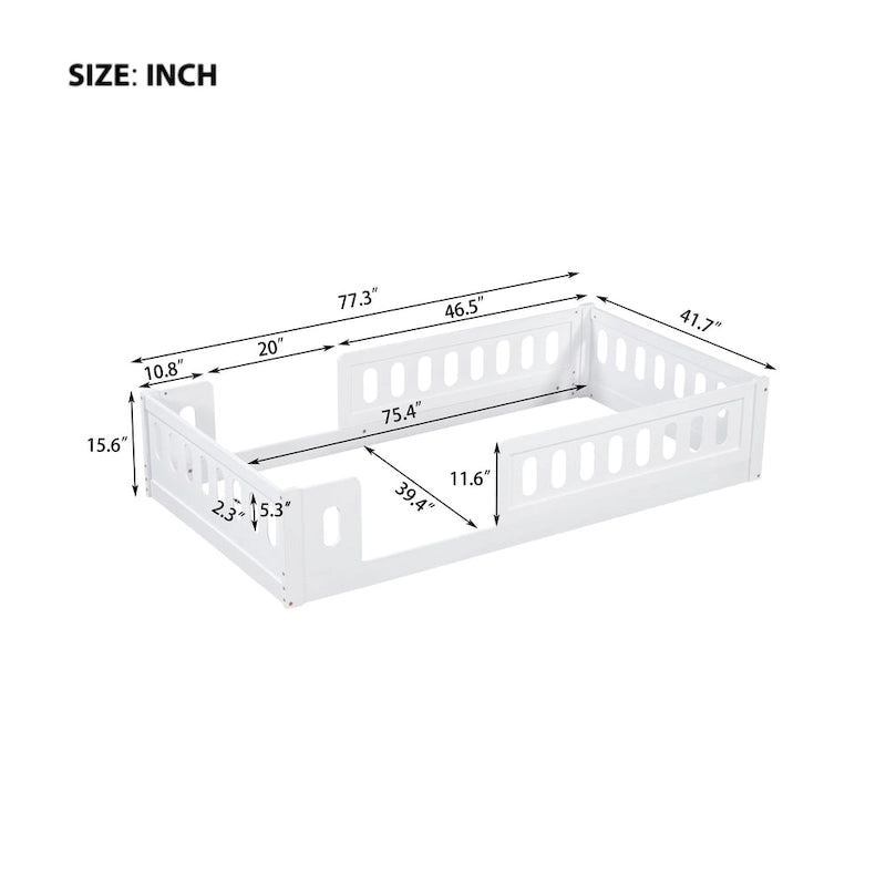 Twin Size Kids Floor Bed Semi-Enclosed Guard Rail Solid Pine Wood Montessori Natural White