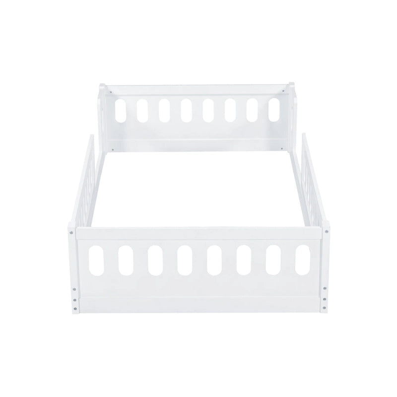 Twin Size Kids Floor Bed Semi-Enclosed Guard Rail Solid Pine Wood Montessori Natural White