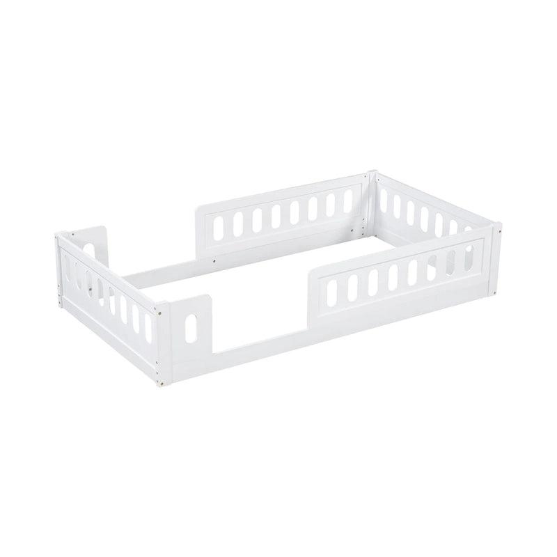 Twin Size Kids Floor Bed Semi-Enclosed Guard Rail Solid Pine Wood Montessori Natural White